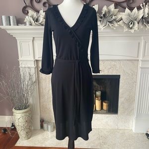 Joe Fresh Black Dress, Faux Wrap Neckline with Ruffle Detail, Belted, XS